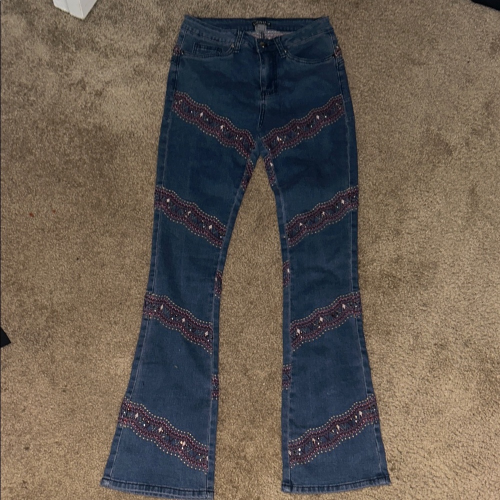 VENUS Blue Flare Jeans with Patterned Accents